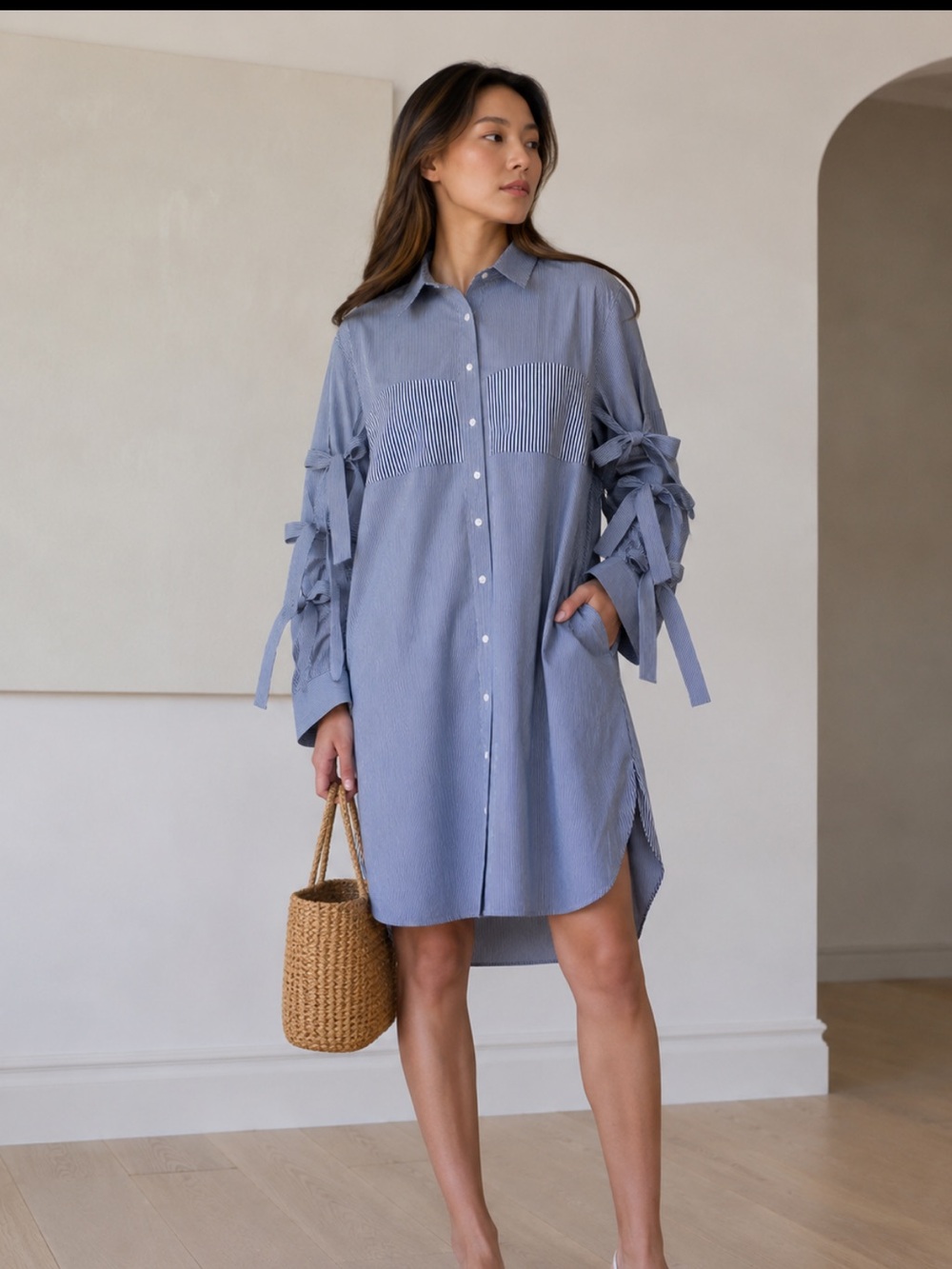 Tibi Strappy Wrap Poplin Shirt Dress Blue Stripe Button Front Tunic Size 10